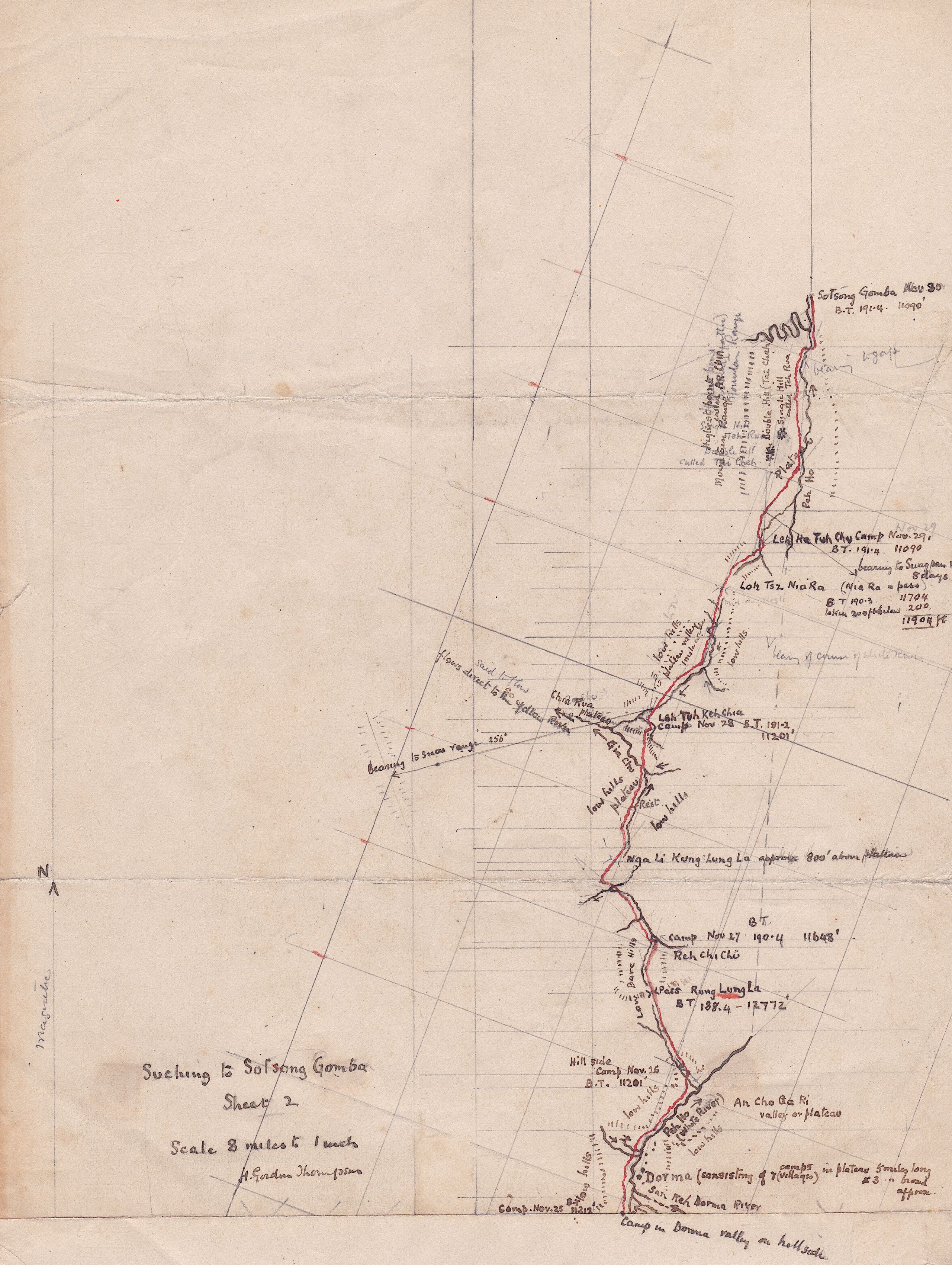 Hand-drawn map of the First part of the route from Suching to Sotsang Gomba - to the camp in the Tor Ma valley