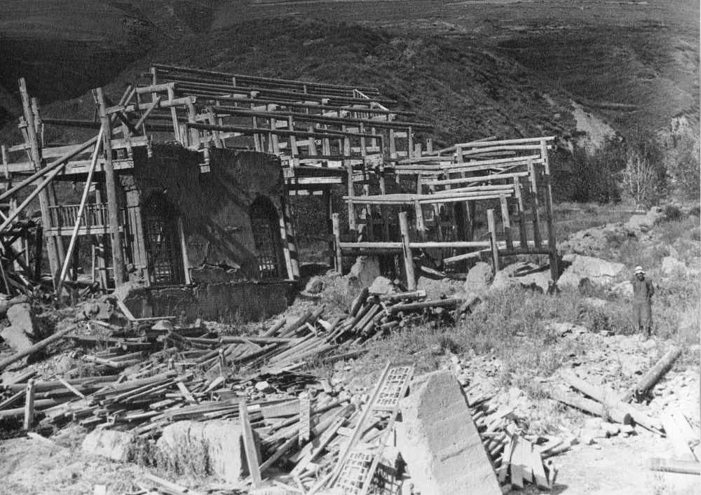 Picture of the damaged to the Roman Catholic mission at Sharatong after the earthquake of 1923