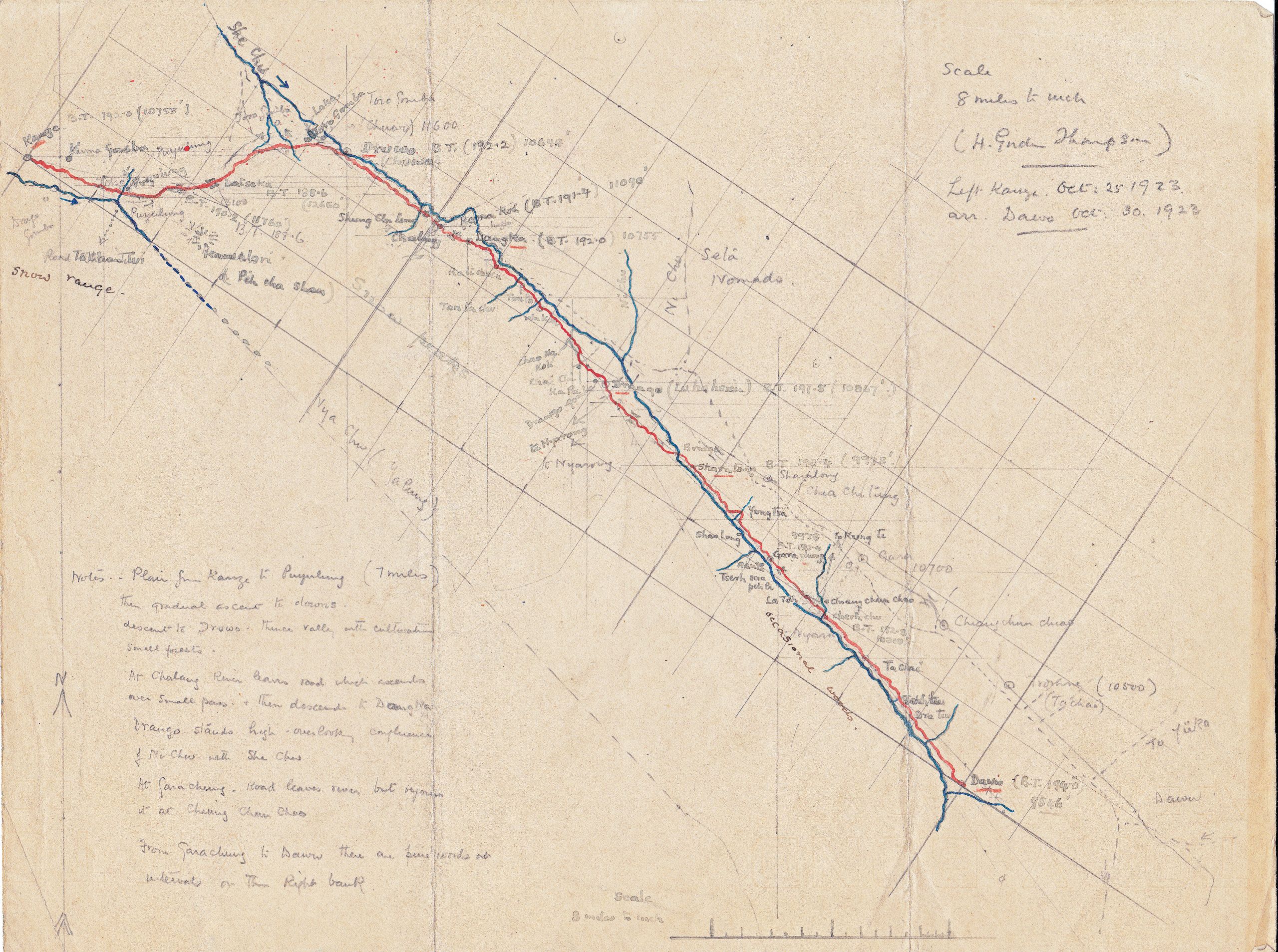 Hand-drawn map of the first section of the route from Kanze to Dawu